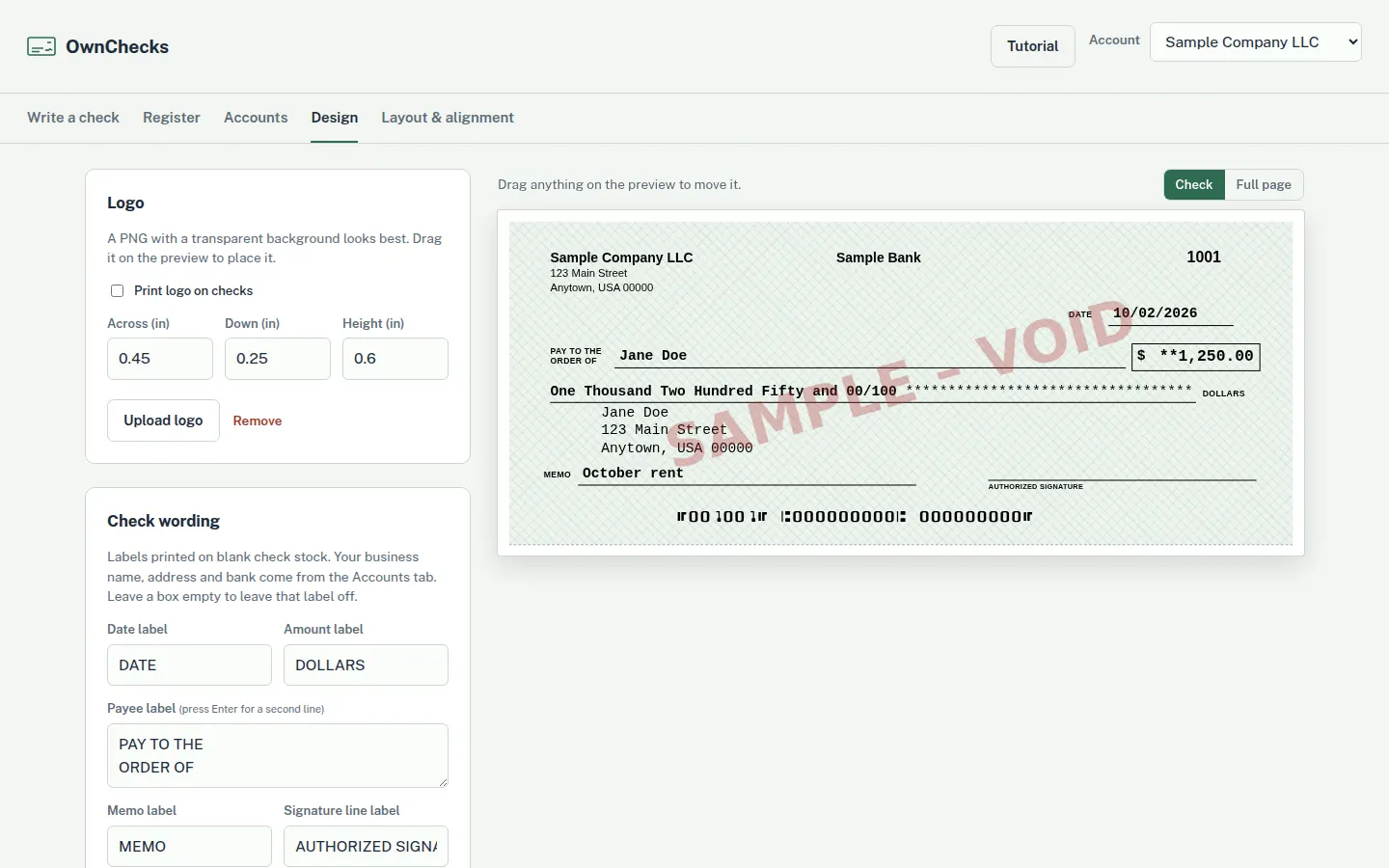 OwnChecks check designer, with a sample check for Sample Company LLC. Sample data. A SAMPLE – VOID mark crosses the check.
