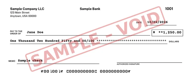 Sample check printed by the app for Sample Company LLC, payable to Jane Doe for $1,250.00, dated 10/02/2026, with a diagonal SAMPLE – VOID watermark. The MICR line uses all-zero routing and account numbers.
